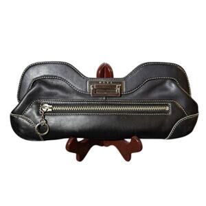 Vintage MAXX New York Black Leather Frame Clutch Purse Berry Satin Lining